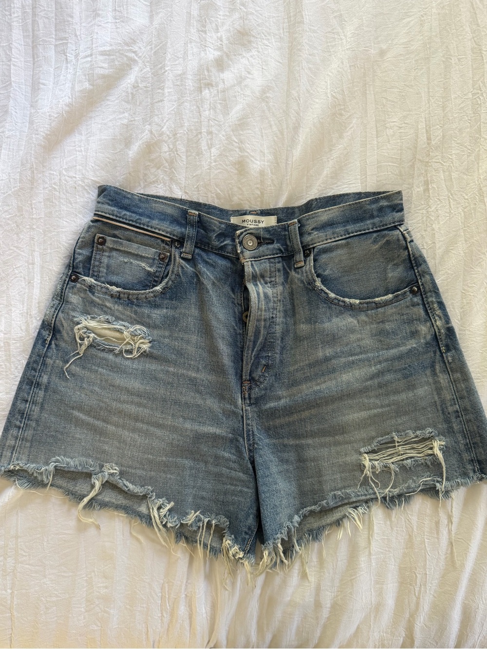 Moussy Distressed High-Rise Denim Shorts - Light Blue